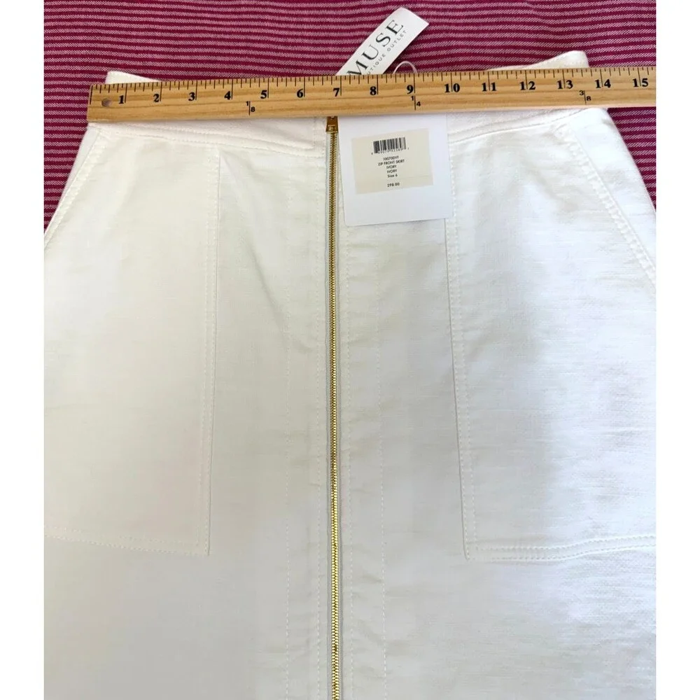 NWT Diane von Furstenberg Ivory Zip Front A-Line Midi Skirt Linen Cotton Sz 6